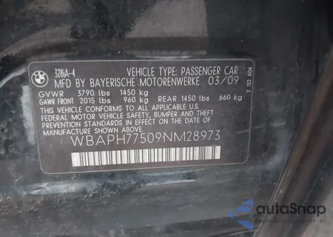 2009 BMW 328I z USA, uszkodzony, nr VIN WBAPH77509NM28973